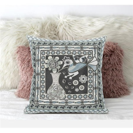 

Amrita Sen Designs CAPL593FSDS-BL-16x16 16 x 16 in. Love Your Vase Peacock Suede Blown & Closed Pillow - Black & Muted Blue