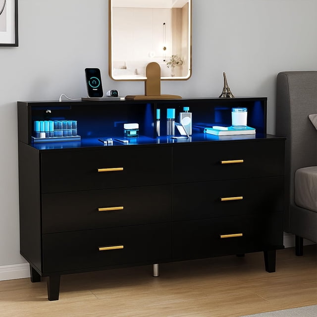 Cómoda Cajonera de 6 Cajones, Cómoda con Luz LED y Toma de Corriente, Almacenamiento para Armario Organizador, Dormitorio, Sala de Estar, Pasillo, Entrada, 120 * 40 * 93cm (Negro)