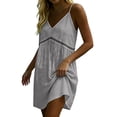 thumbnail image 6 of PRINxy Women's V Neck Spaghetti Strap Short Dress Hollow Out Waist Trim Cotton Linen Casual Summer Dress for Beach Vacation Daily Wear Gray S, 6 of 9
