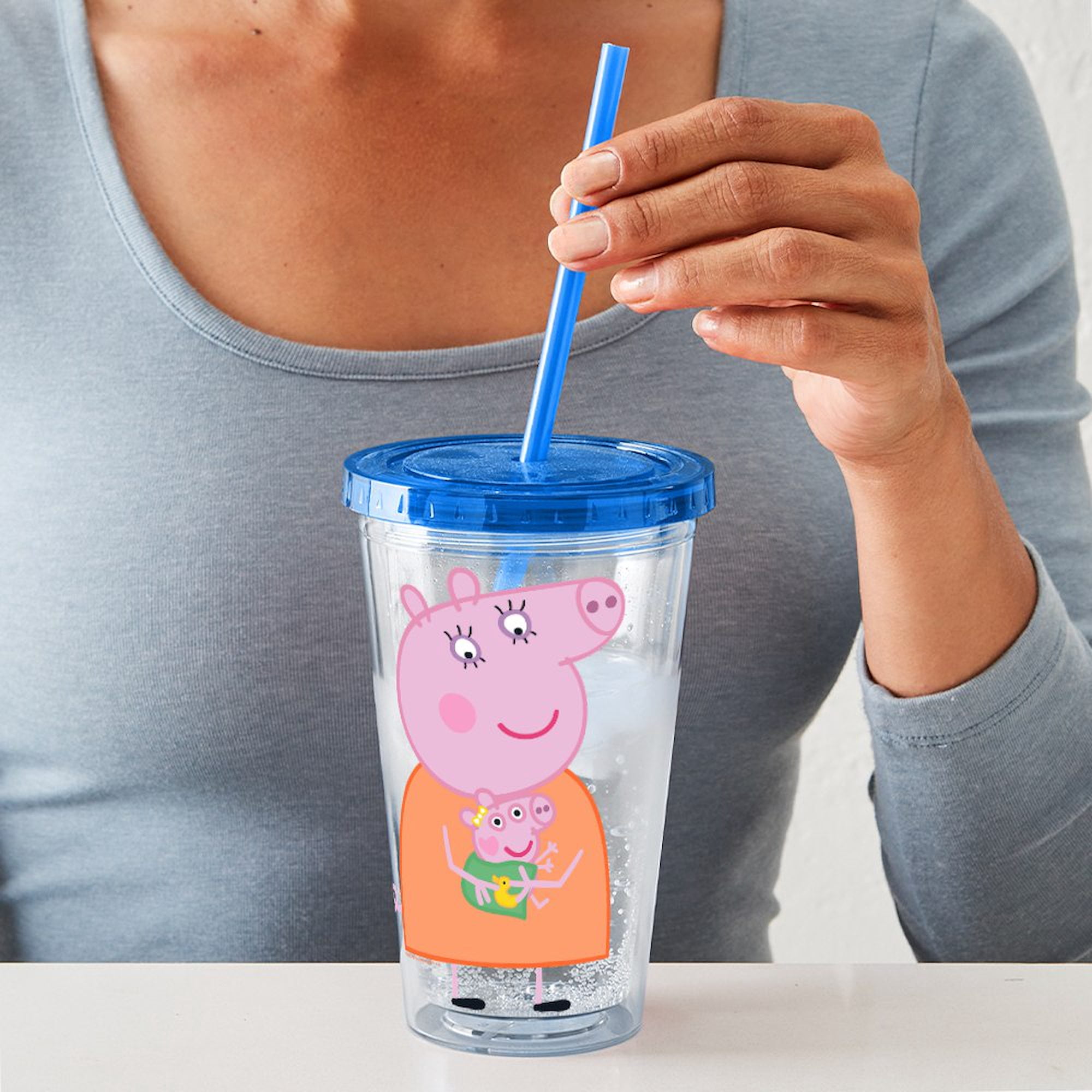 CafePress - Peppa Pig: Holding Baby - 16 Ounce Classic Clear Insulated Double Wall Tumbler Cup with Lid Straw , Reusable