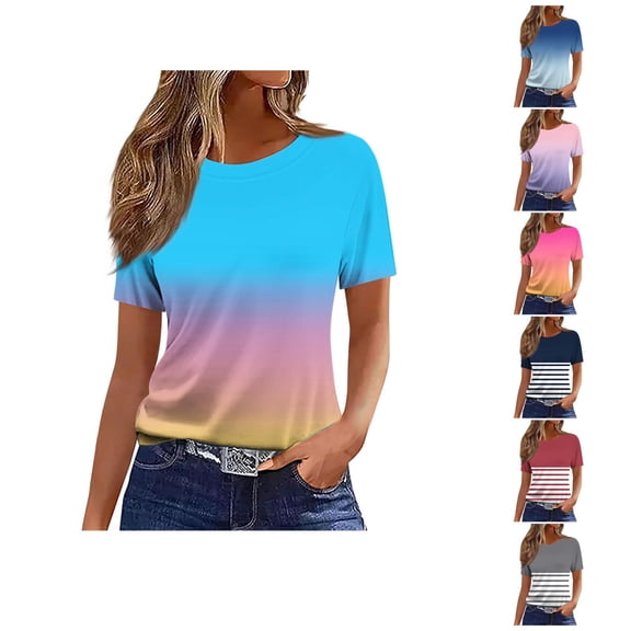 Ahuyic Womens Plus Size Top,Womens Summer Blouse,Womens Casual Striped Printed Short Sleeve T-shirt With Round Neck Top for Women Navy XL