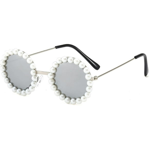 Yazoeia Lunettes de Soleil pour Enfants à Perles Collantes, Lunettes de Photographie de Rue à la Mode pour Enfants avec Monture Ronde, Accessoires Cool pour Prendre des Photos - Blanc (Perle) CJC912-126343
