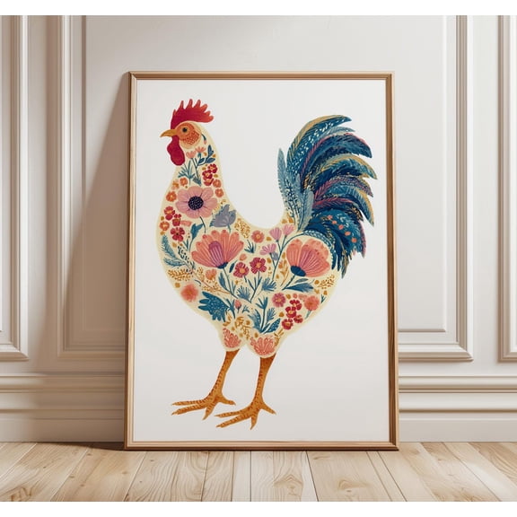 Floral Rooster Colorful Farmhouse Modern Folk Art Chicken Decor Unframed Paper Print