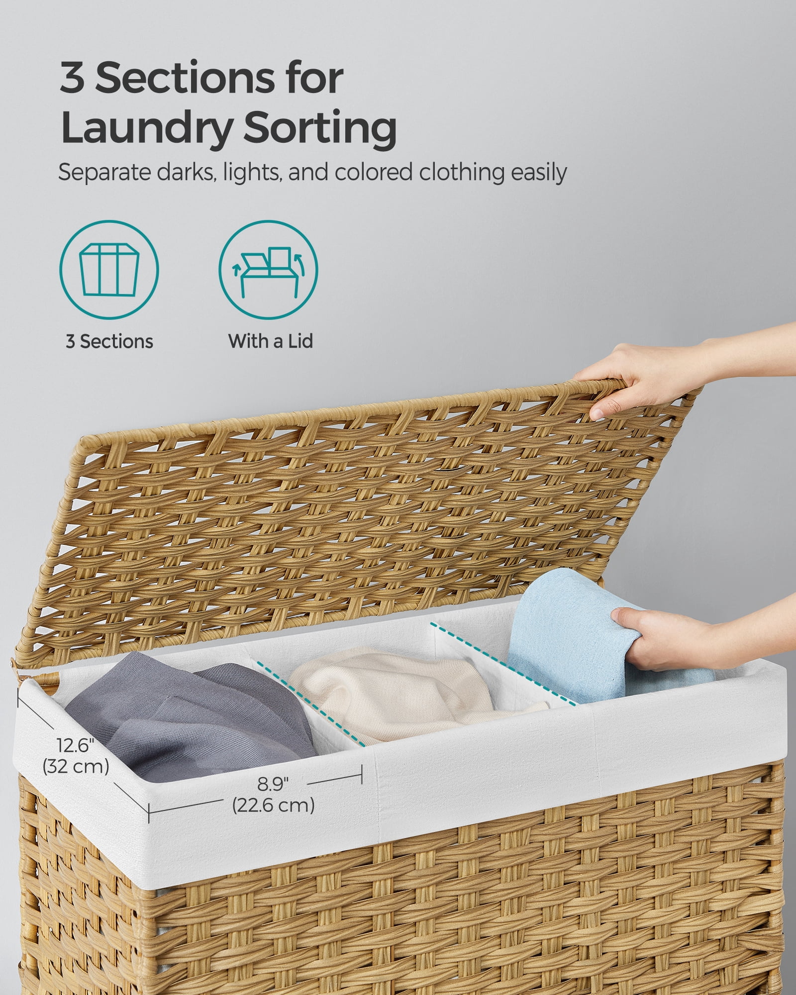 SONGMICS 160L Laundry Hamper with Lid Rolling Laundry Basket with Wheels 3-Section Synthetic Rattan Laundry Hamper Removable Liner for Bedroom Natural