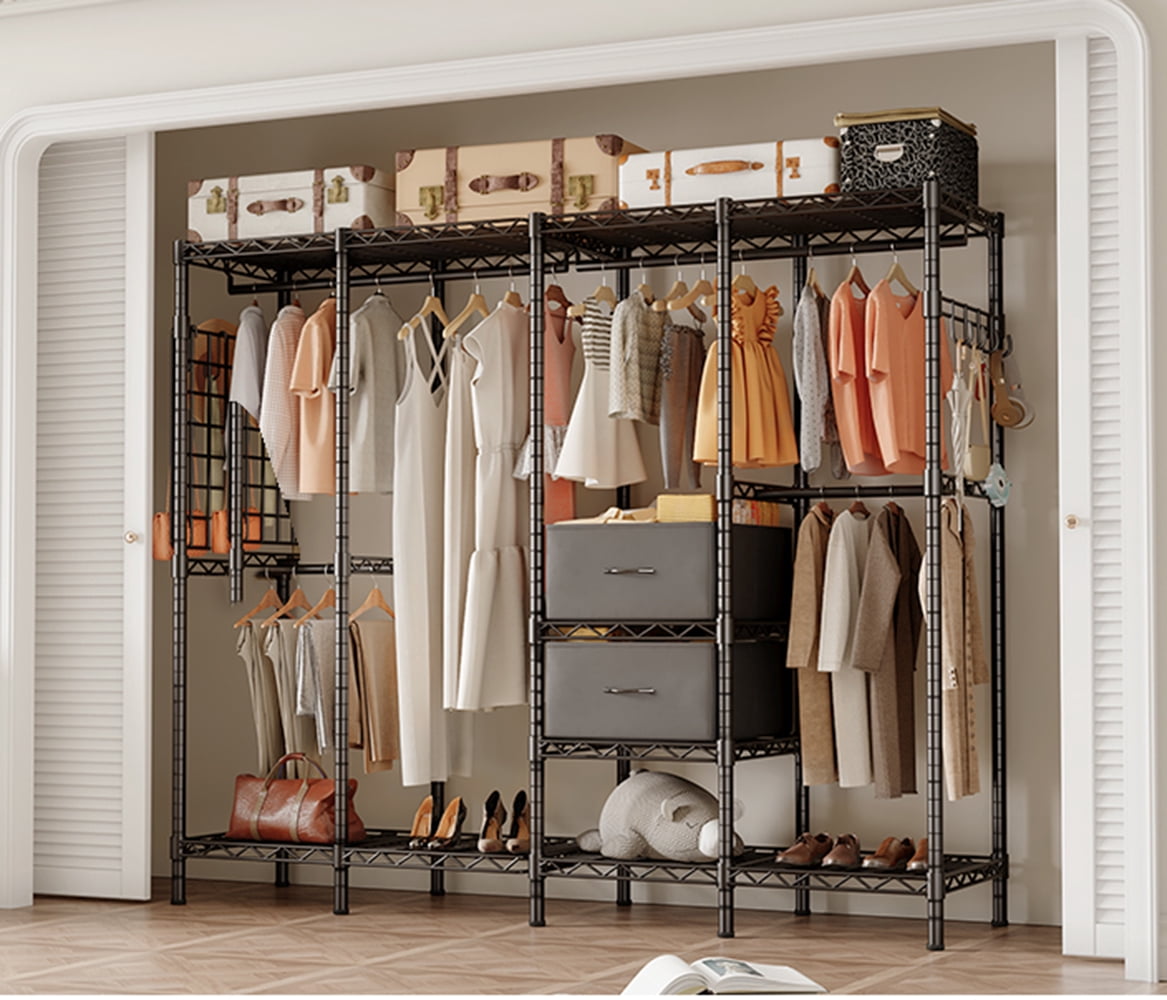 HOKEEPER 1350LBS 76" L x 17" W x 76" H Portable Closet Wardrobe Heavy Duty Clothes Rack, Freestanding Clothing Rack with 6 Hang Rods, 10 Shelves & 2 Drawers , Adjustable Closet Garment Rack, Black