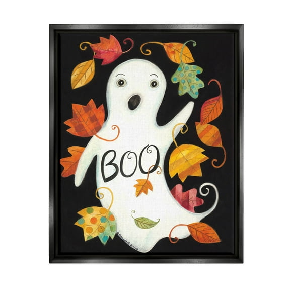 Vintage Boo Ghost Patterned Leaves Holiday Graphic Art Jet Black Framed Art Print Wall Art