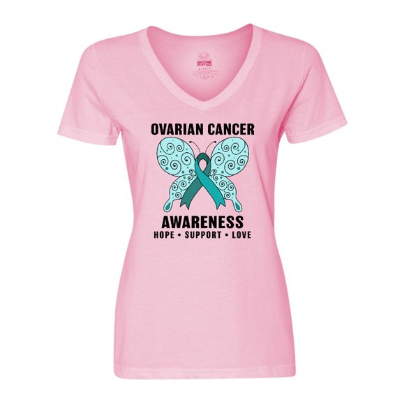 Inktastic Ovarian Cancer Awareness Hope Support and Love Women's V-Neck T-Shirt