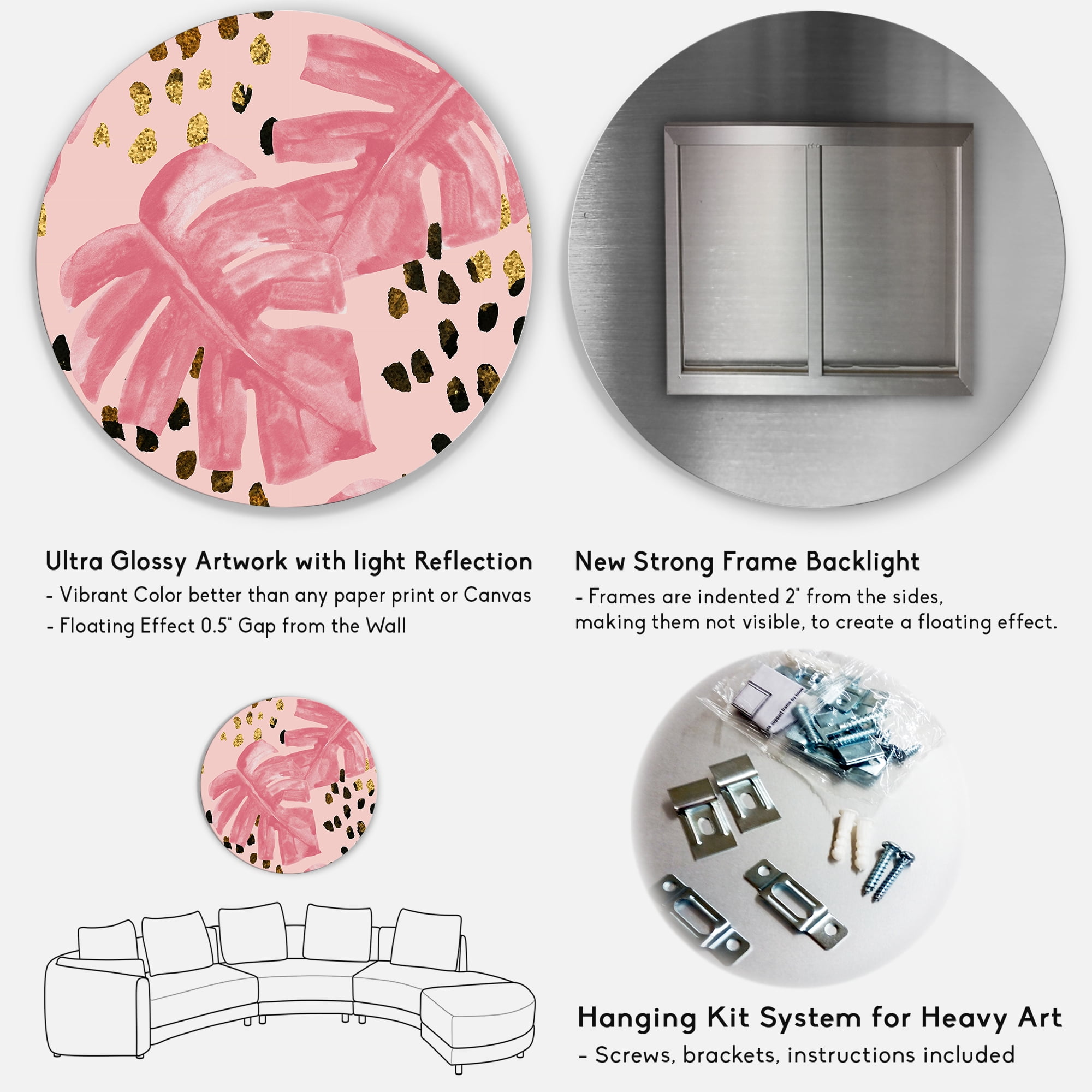Designart 'Rough Brush Strokes Pink Colored Monstera I' Tropical Circle Metal Wall Art 36x36 - Disc of 36