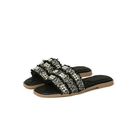 

Women s Faux Pearls Decor Flat Sandals Color Block Open Toe Leather Slide Sandals
