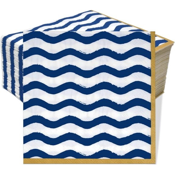 Gift Boutique Cocktail Napkins, Wavy Blue & White Striped Disposable Paper Beverage Napkins, 2-Ply, 100 Count, 5 x 5 in Folded