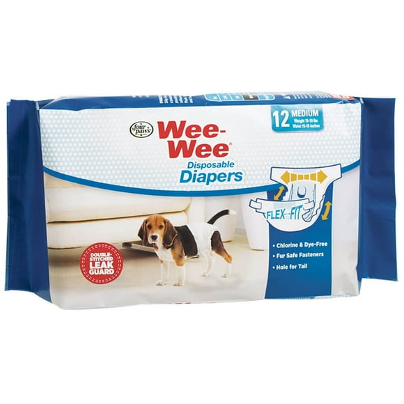 FOUR PAWS 100534771 White FOUR PAWS WEE-WEE DISPOSABLE DIAPERS 12 PACK MEDIUM WHITE