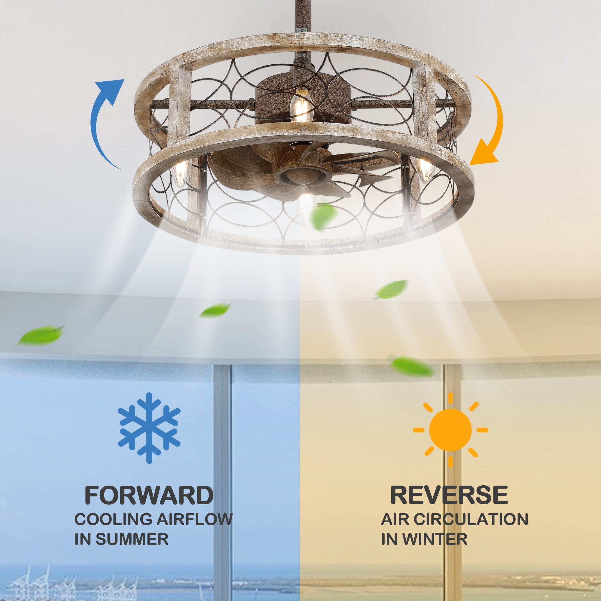 Chords Attic 20" Rustic Caged Ceiling Fan with Light and Remote Control, 4-Light Farmhouse Wood Finish Ceiling Fan Fixture for Bedroom, Living Room