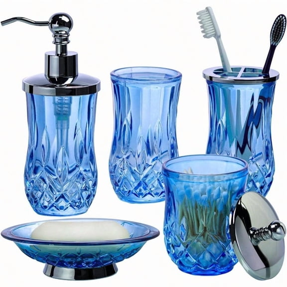 5 PCS Blue and Siery Bathroom Accory Sets with Lotion Soap Dispenser Soap Dish Toothbrush Holder Bathroom Tumbler Cotton Swab Jars Modern Bath Countertop Decor Round