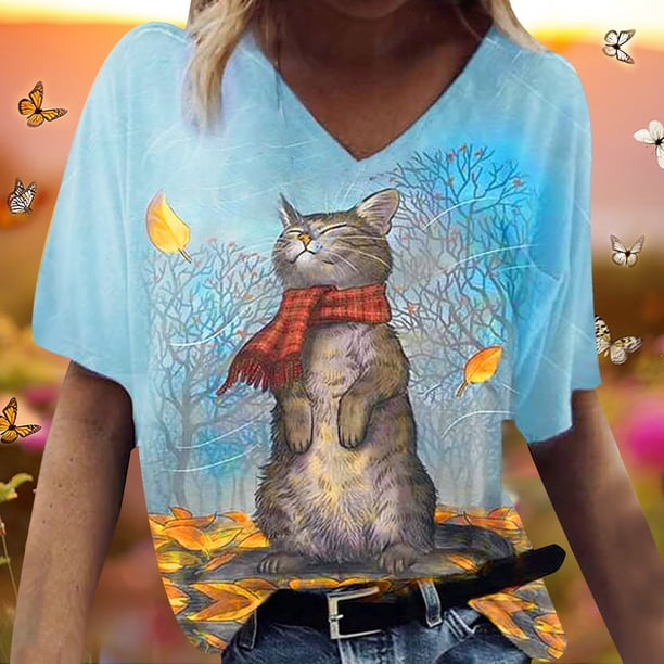 Pntutb moda mujer cuello en V manga corta gato pintura estampado Casual top blusa camiseta Pntutb Pntutb-8658