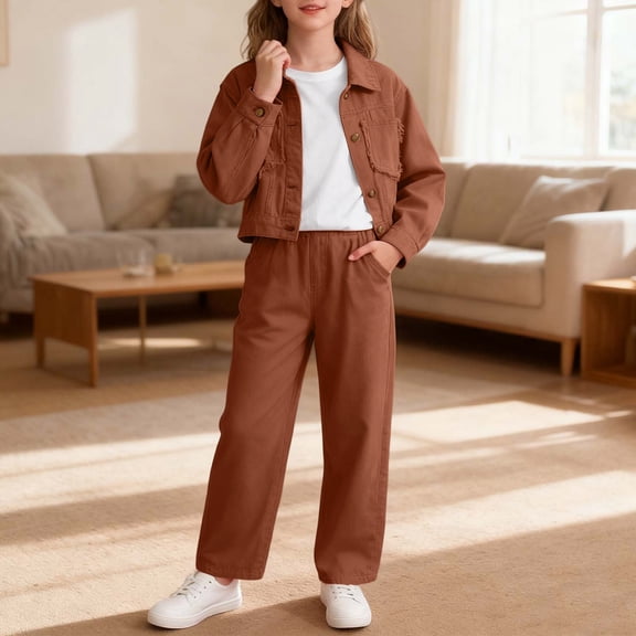 SONGGE Toddler Stylish Girls Denim Jacket And Wide Leg Pants Fashionable Two Piece Outfit Sets For Big Kids Comfortable Casual For Autumn Seasons Cartoon Comfort Clothing Sets