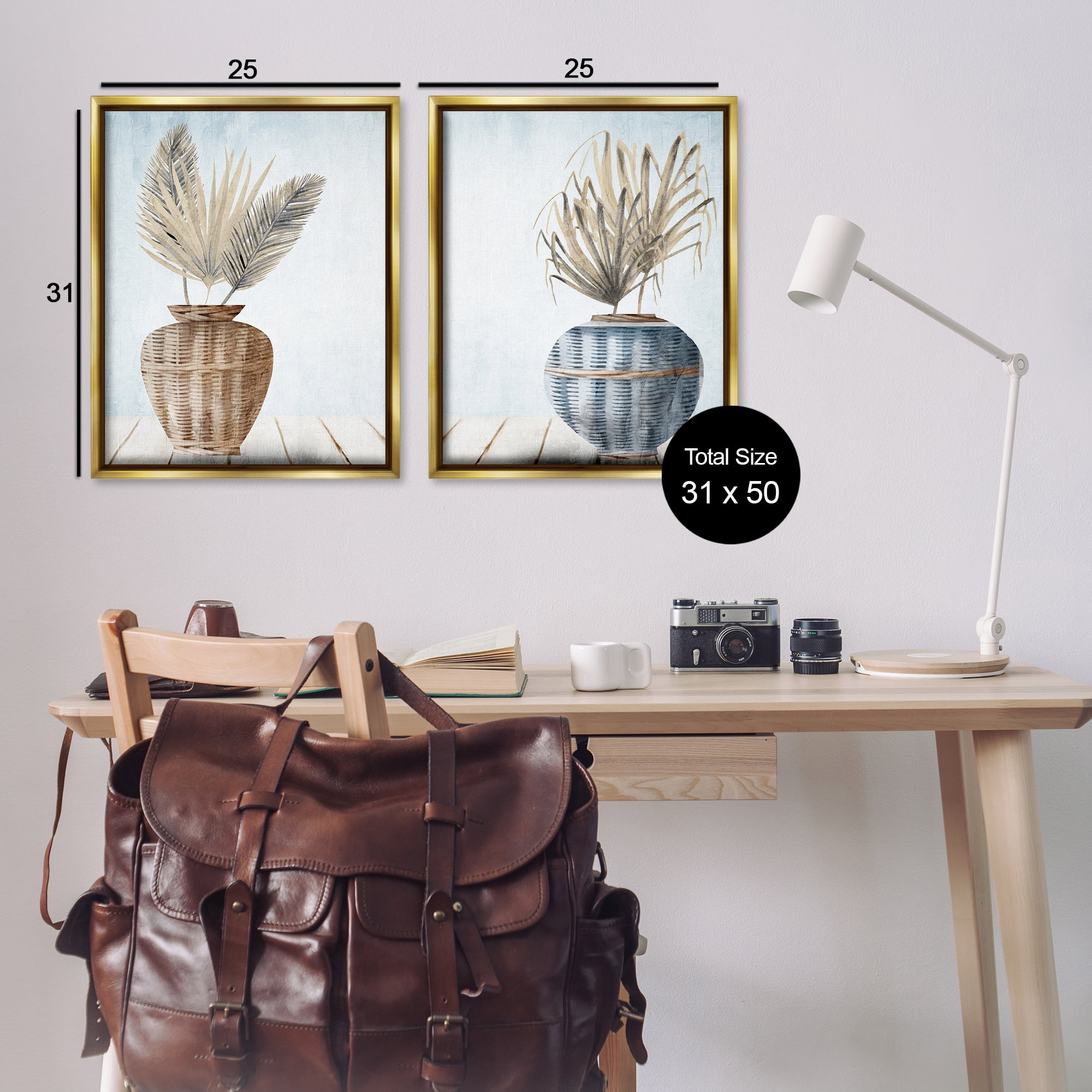 Stupell Industries Palms in Rattan Planters Floral & Botanical Painting Gold Floater Framed Canvas Art Print Wall Art, 31 x 25, Set of 2
