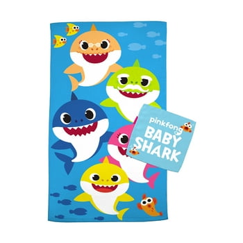 Baby Shark Kids Bath Towel and Wash Cloth, 2-Piece Set, Cotton, Blue, Nickelodeon