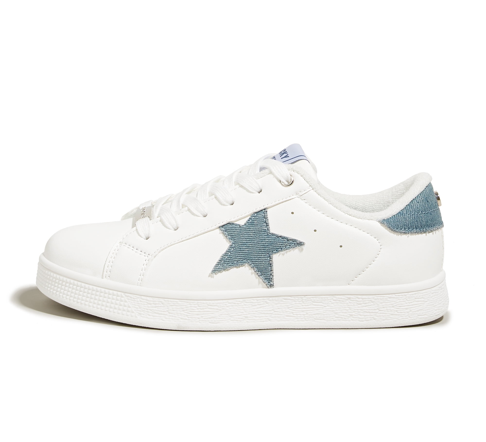 LUCKY STEP Stylish Star Low Top Lace Up Sneaker Comfort Walking Shoes,White/Denim Blue PU,Womens