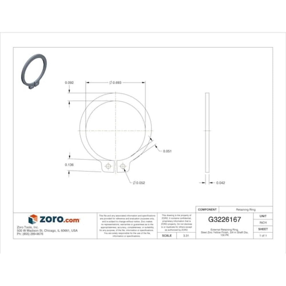 External Retaining Ring, Steel, Zinc Yellow Finish, 100 PK SH-75ST ZD