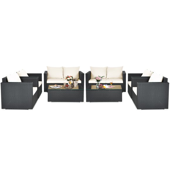 Gymax 8PCS Rattan Patio Conversation Set Outdoor Furniture Set w/ Off White Cushions
