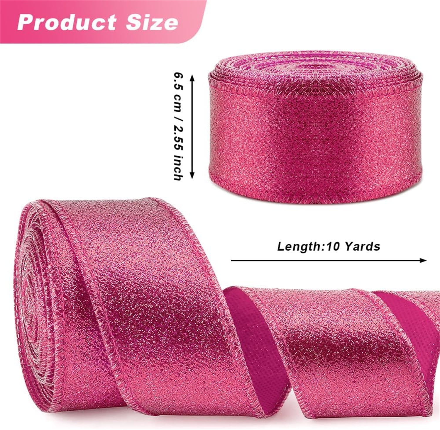 Christmas Glitter Wired Ribbon,Bexikou 20 Yards Christmas Ribbon with Wired Edge,Metallic Gift Wrapping Ribbons for Xmas Wreath Tree Party Home Wedding Festival DIY (2.55 Inch, 2 Rolls,Rose Red)
