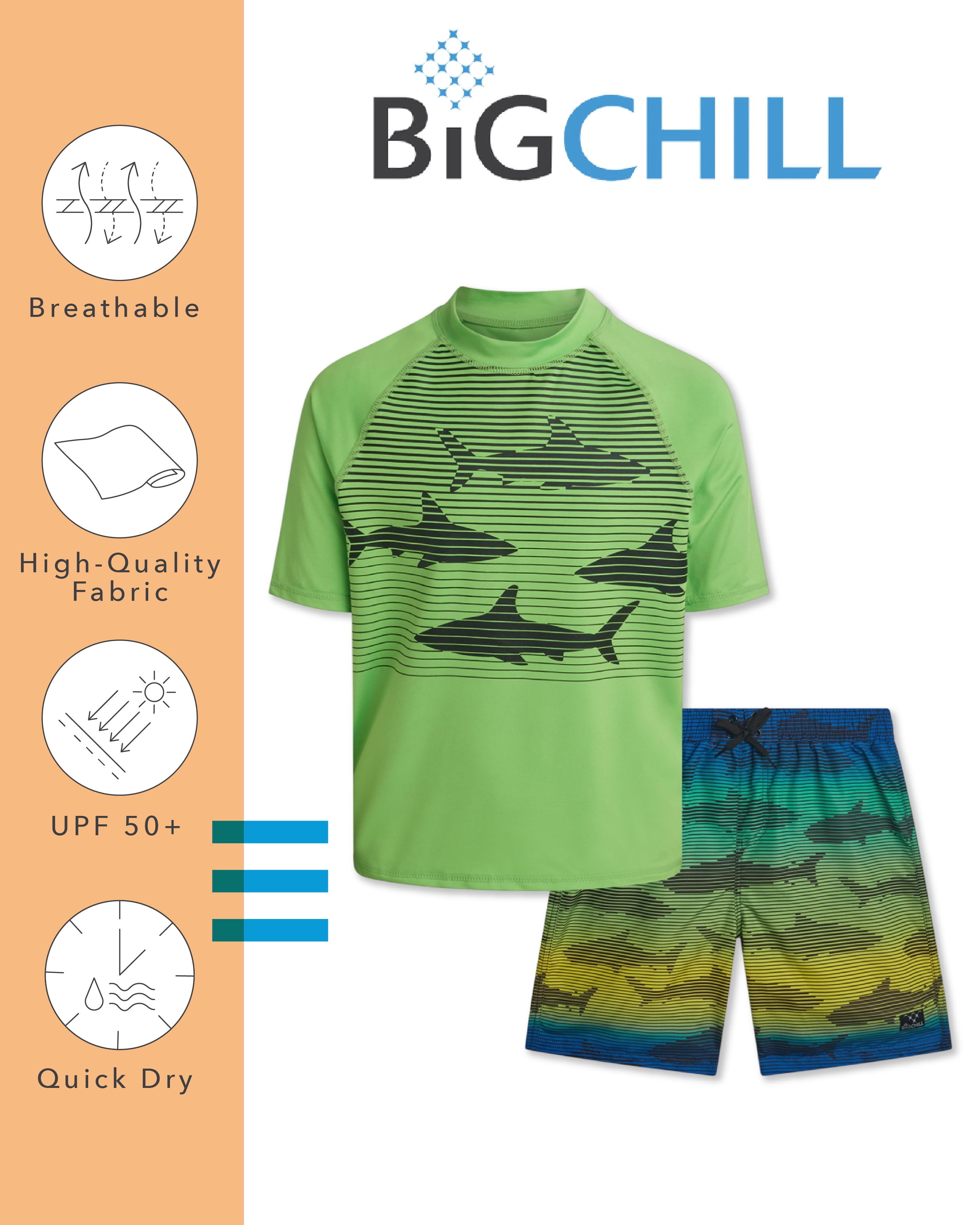 Big Chill Boys Swim Set - UPF50+ Short Sleeve Rash Guard Swim Shirt and Swim Trunks 2 Piece Set