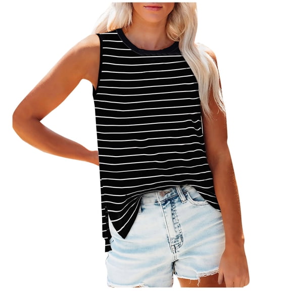 LYEAA Summer Tank Tops for Women 2025 Plus Size Sleeveless Crew Neck Summer Loose Casual Tee Shirts Striped Side Split Beach Pullover Vest Comfortable Soft Loungewear Going Out Clothes Black L