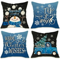 Warm Winter Wishes Decorative Throw Pillow Covers 18x18 Set of 4, Snowman Truck Christmas Tree Blue Black Outdoor Pillowcase, Let It Snow Snowflake Holiday Farmhouse Cushion Case Home Decor