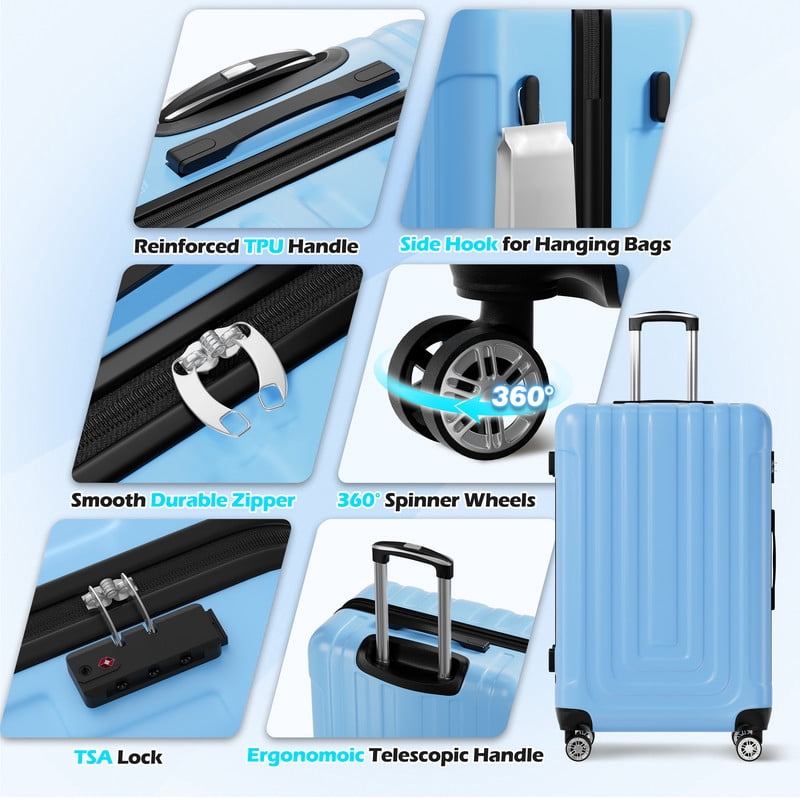 Luggage Sets 5 Piece Hardshell with TSA Lock 40%PC ABS Suitcase with Spinner Wheels 20 26 28 30 32 inch Carry on Luggage Blue
