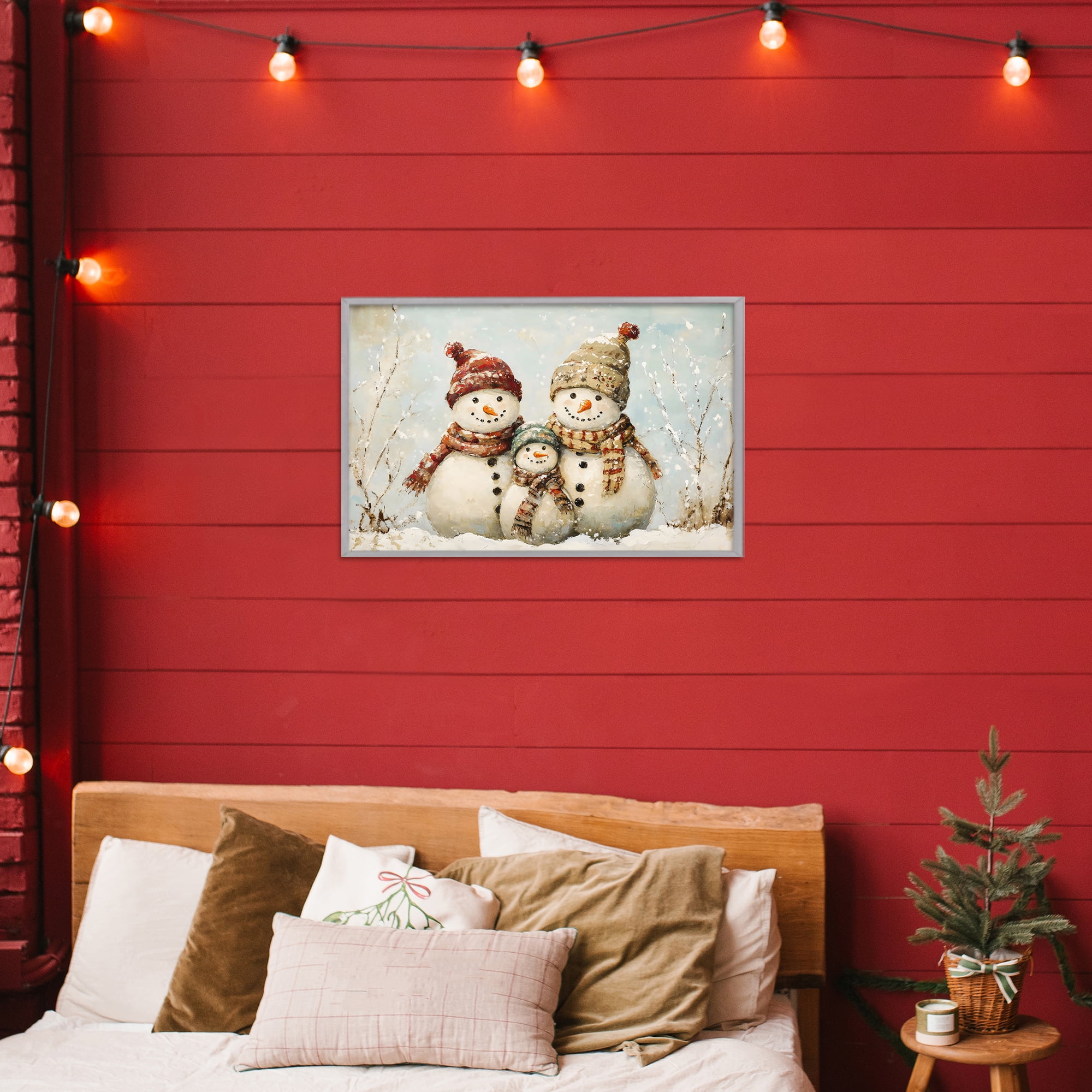 Snowman Family Of Three Gray Framed Giclee Art, design by Petal Prints Design