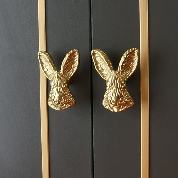 ADDHAT 2Pcs Golden Bunny Head Pull Handle for Animal Drawer Knobs and Cabinet Handles Home Decor