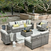 Ovios 9 Pieces Outdoor Patio Furniture with Swivel Rocking Chairs All Weather Wicker Patio Sectional Sofa for Balcony
