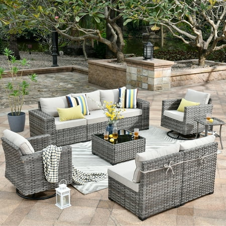 Ovios 9 Pieces Outdoor Patio Furniture with Swivel Rocking Chairs All Weather Wicker Patio Sectional Sofa for Balcony