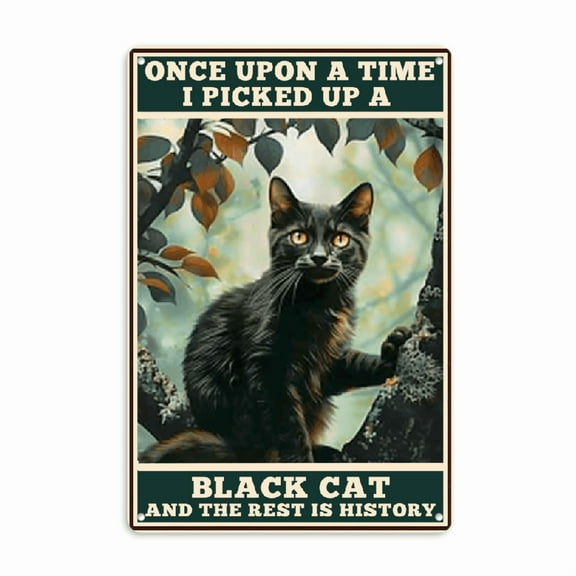 Vintage Black Cat Metal Tin Sign - _Once Upon a Time I Picked Up a Black Cat_ Retro Wall Decor for Home, Coffee Shop, Bar, or Office - High-Quality Tinplate with Clear Picture & Bright Colors, Cat De