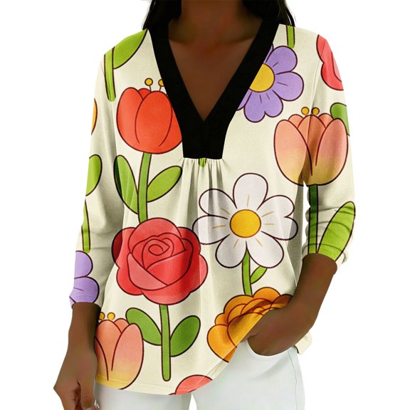 MEICHEN Women's Elegant Retro Art Print V Neck Loose Mid Length Sleeve Top Summer T Shirts for Women
