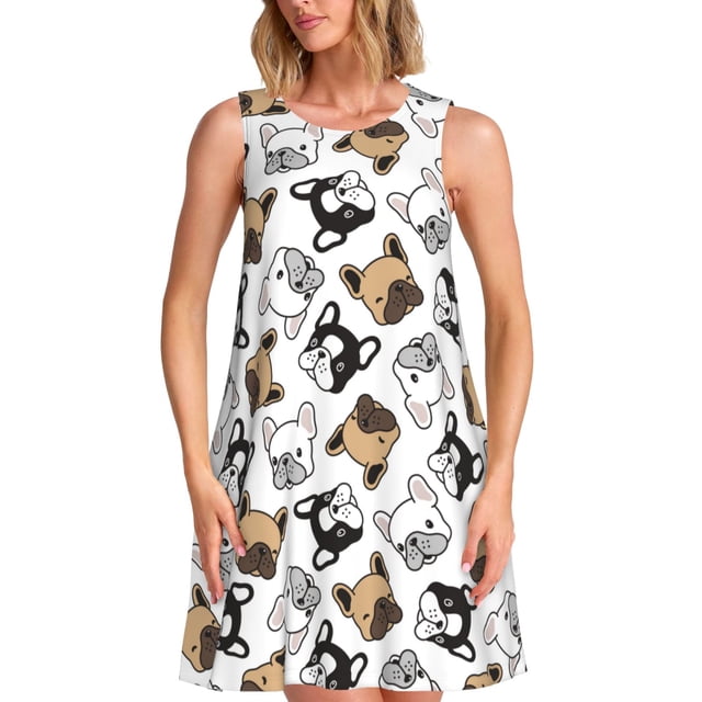 Easygdp French Bulldog3 para Vestido Transpirable de Mujer, Vestido Suelto de Manga Corta con Pliegues y Bolsillos para el Verano