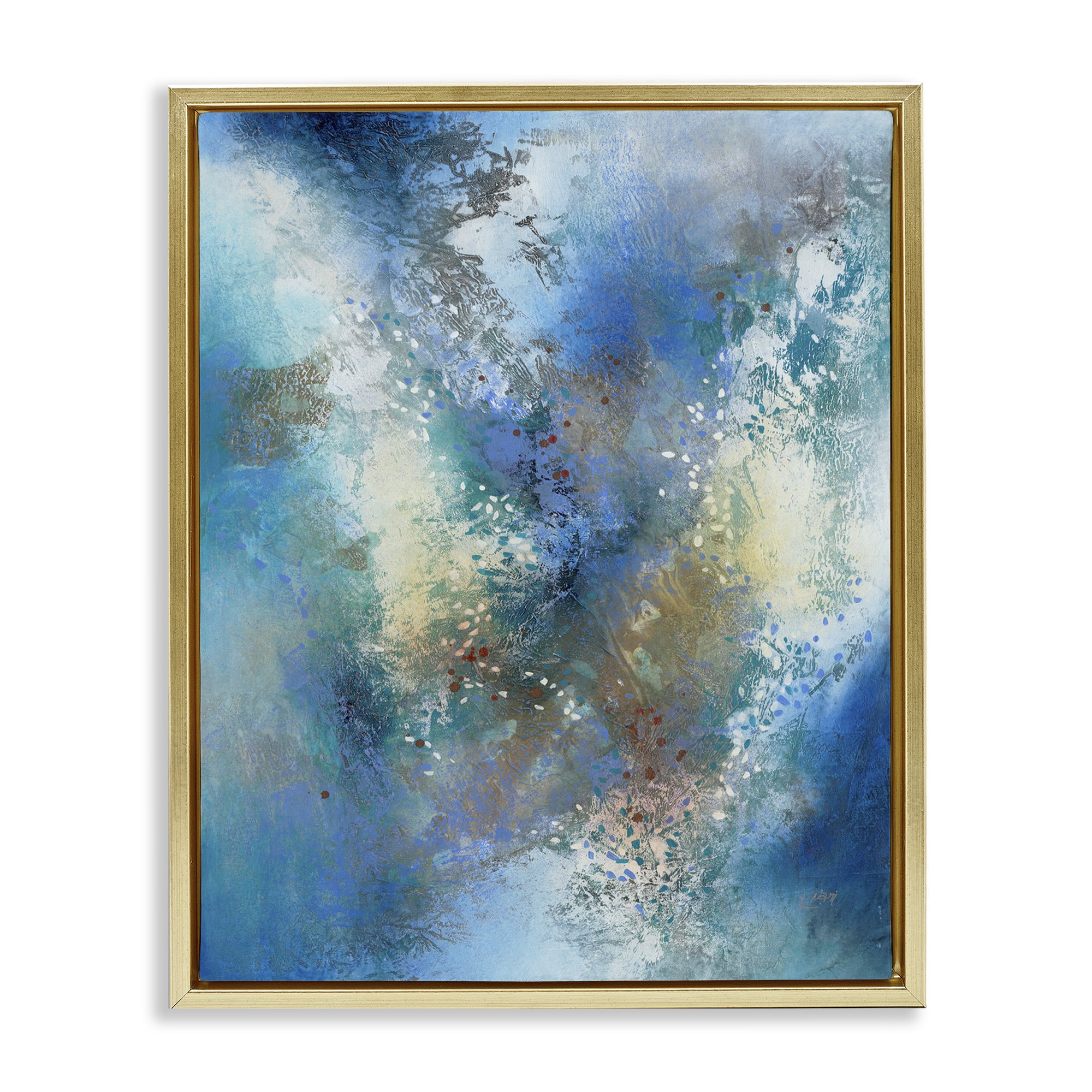 Stupell Industries Fluid Blue Abstraction Abstract Painting Gold Floater Framed Canvas Art Print Wall Art 17 x 21