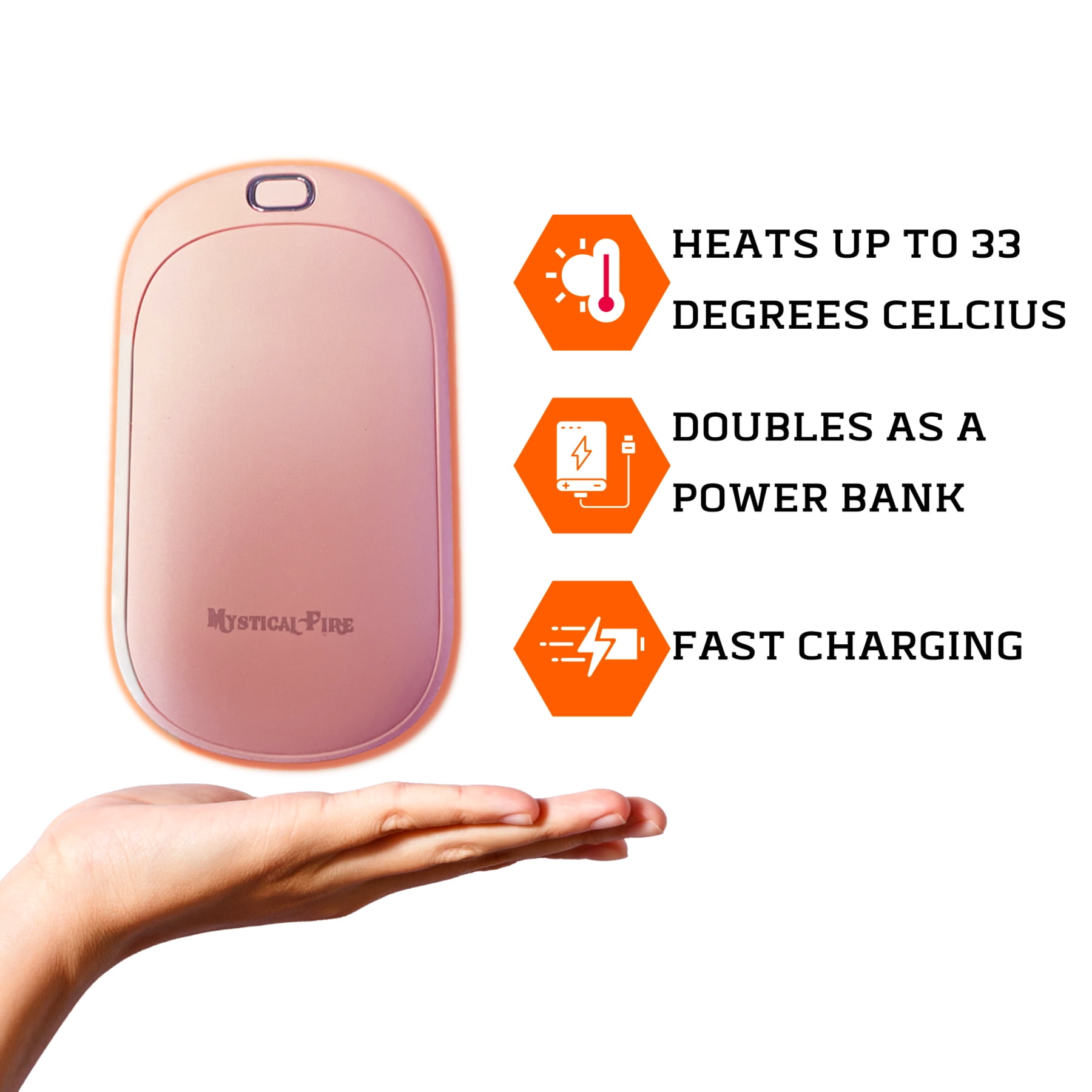 Hand Warmer Rechargeable USB C 5200mAh Portable Electric Charging Heater (PINK) By Mystical Fire Great Gift For Men & Women - Keep Your Hands Warm In The Outdoors While Camping Skiing Or Hunting