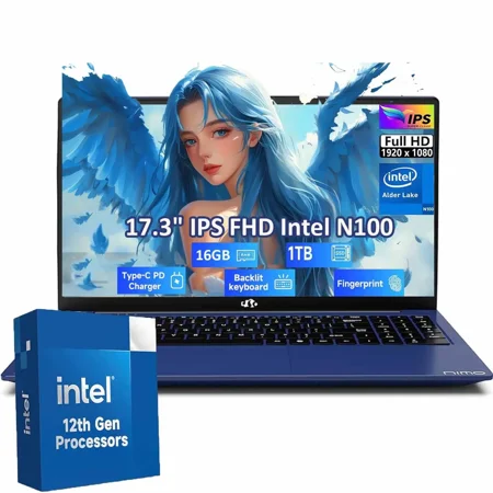 17.3" Laptop Windonws 11 Ultra-Thin Laptop Intel Pentium 4 Cores N100 16GB DDR4 RAM 1TB SSD Fingerprint Backlit Keyboard with 65W Type-C
