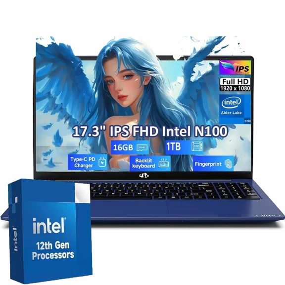 17.3" Laptop Windonws 11 Ultra-Thin Laptop Intel Pentium 4 Cores N100 16GB DDR4 RAM 1TB SSD Fingerprint Backlit Keyboard with 65W Type-C
