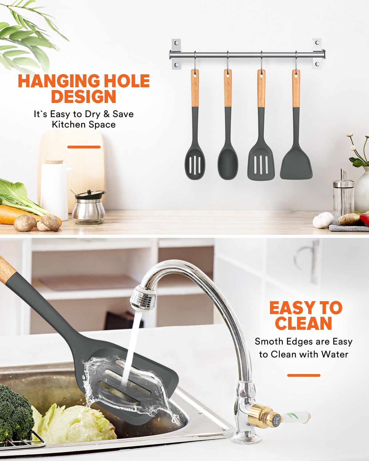 Badiano 4 Pack Wood Handle Silicone Kitchen Cooking Utensils Set for Nonstick Cookware Surface,Gray