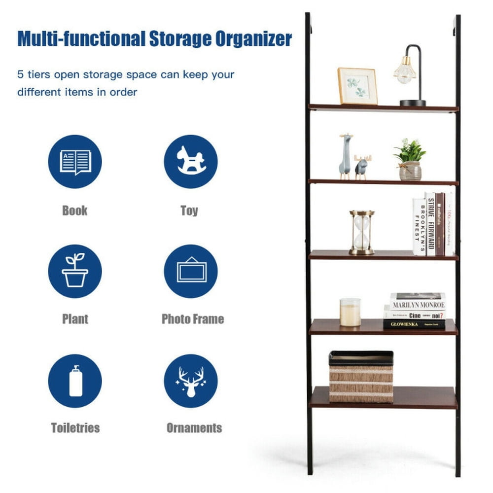 Demi Bonn 5-Tier Wood Look Ladder Shelf with Metal Frame for Home, Multipurpose Open Bookshelf, Brown