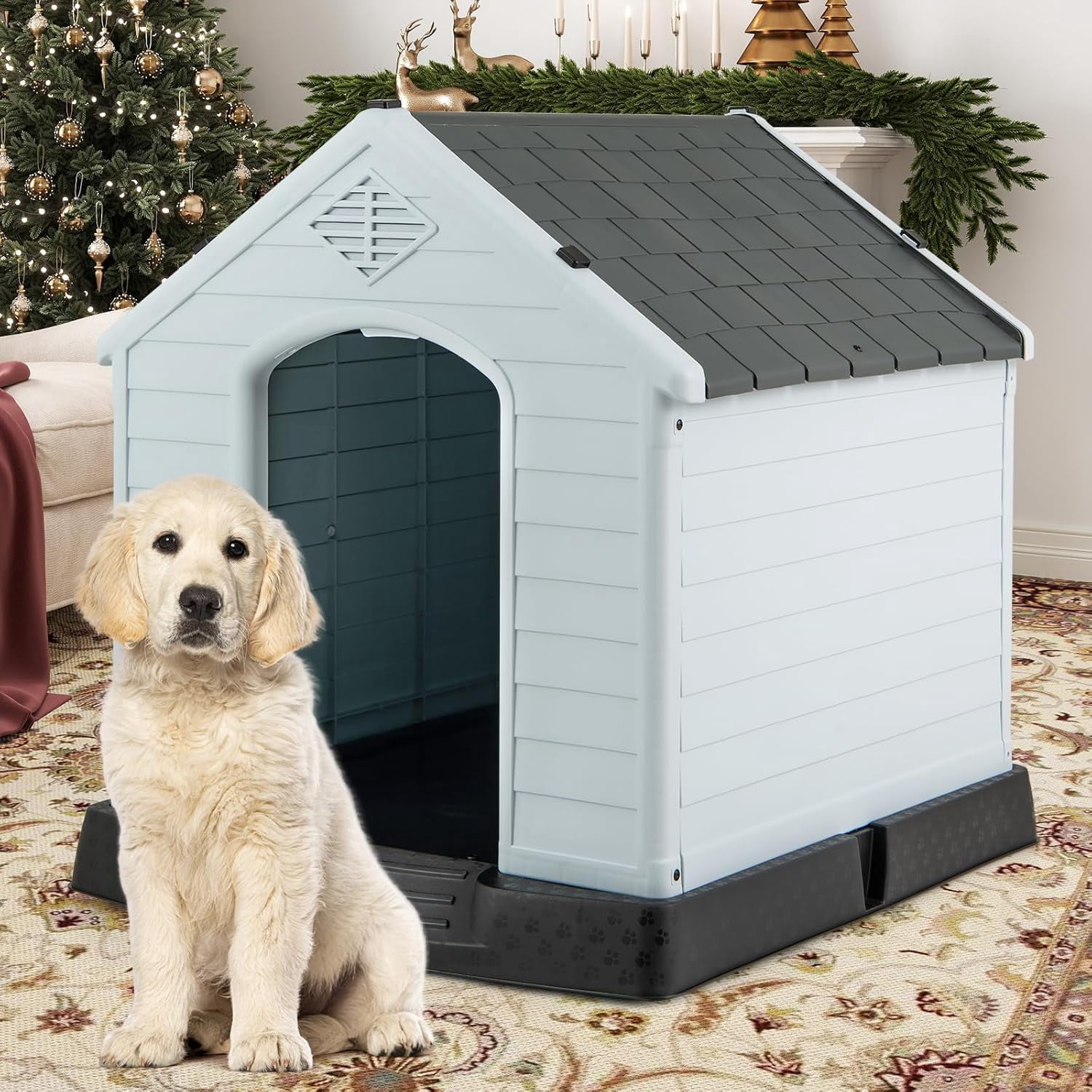 WSWJY Dog House for Medium Dogs, Waterproof Plastic Dog Houses with Air Vents and Elevated Floor, Easy to Assemble, Outdoor Cat House Feeding Station Indoor Patio Backyard Dog Kennel House, Gray