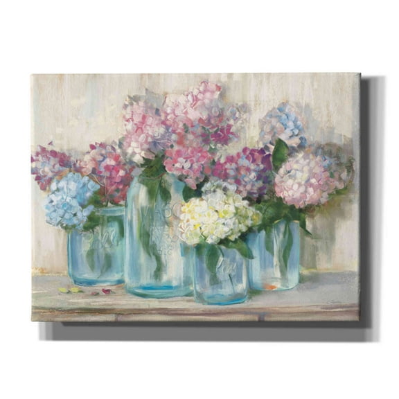 Epic Graffiti 'Hydrangeas In Glass Jar Pastel Crop' by Carol Rowan, Giclee Canvas Wall Art, 16"x12"