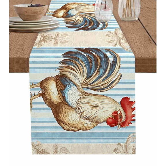 Retro Rooster Table Runner 72 Inches, Blue White Striped Farmhouse Bed Runner Dresser Scarves Tabletop for Indoor Outdoor Parties/Ceremony/Banquet, 14" x 72"