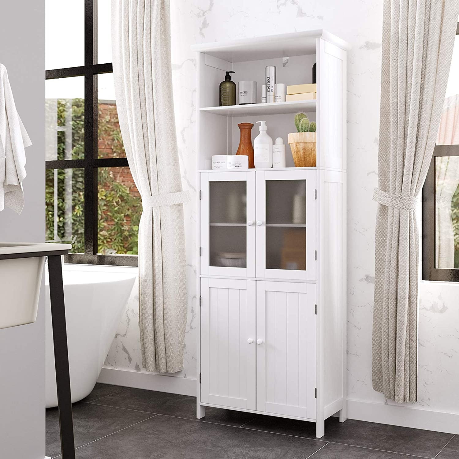 RichYa Bathroom Cabinet, Linen Storage Cabinet with 2 Flap Drawers