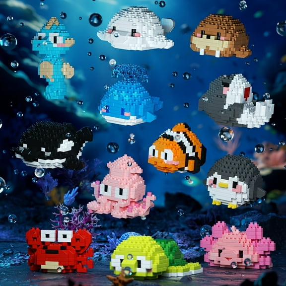 12 Set Marine Animal Mini Building Blocks Kit, Detailed Ocean Creatures Including Turtle, Shark, Whale, Clownfish, Octopus & More, Perfect STEM Building Toy for Hobbyists, Collectors & Gifts