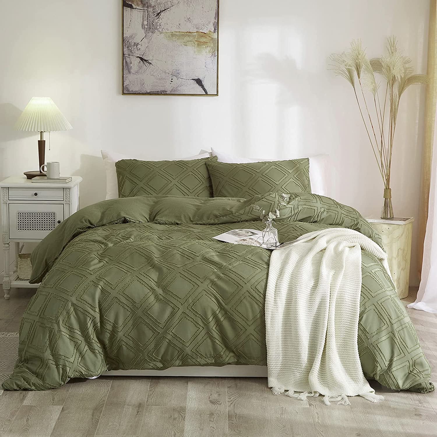 Olive Green Duvet Cover Set Microfiber Boho Textured Jacquard Rhombus