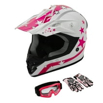 TCMT DOT Dirt Bike Helmet for Kids with Goggles & Gloves, for Motocross Offroad Street Motorcycle, Youth M Size, White Pink Star