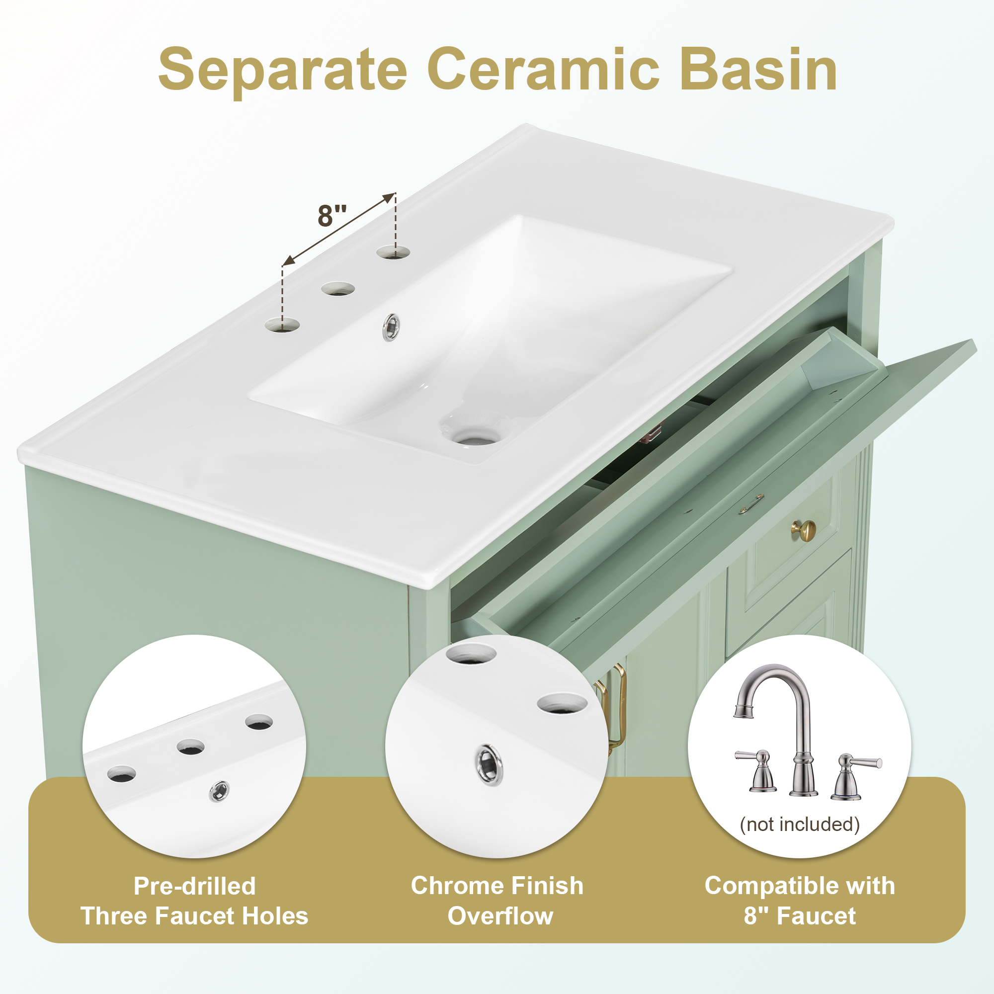 Euroco 36" Bathroom Vanity with Sink, Green Solid Wood Bathroom Cabinet with Flip Drawer, 3 Drawers & 2 Doors, Elegant Design with Golden Metal Handles, Modern MDF Vanity